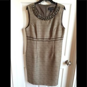 Brown Tweed Sleeveless Dress with Jeweled Collar